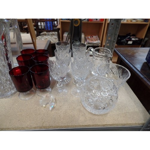 336 - GLASSWARE. HEAVY CUT-GLASS VASES, SHERRY GLASSES, GOBLETS, POSY BOWL ETC.