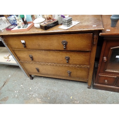 340 - VINTAGE OAK 3 DRAWER CHEST WITH HEAVY DROP HANDLES. APPROX 1M W.