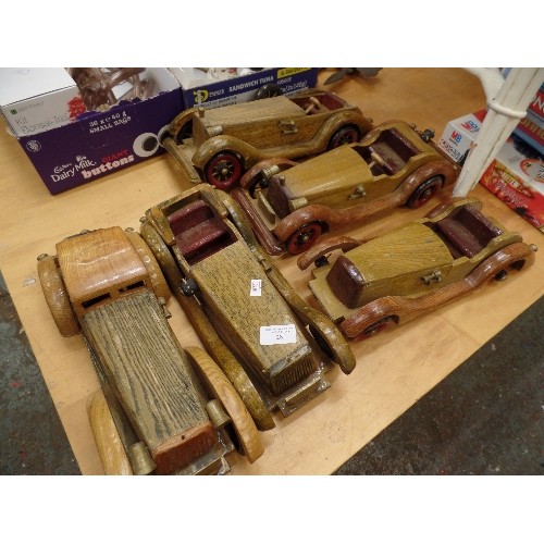 282 - 5 X HAND-MADE WOODEN CARS. VINTAGE STYLE. ALL APPROX 35CM LONG. SOME WHEEL-SPOKE REPAIR NEEDED.