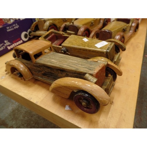 282 - 5 X HAND-MADE WOODEN CARS. VINTAGE STYLE. ALL APPROX 35CM LONG. SOME WHEEL-SPOKE REPAIR NEEDED.