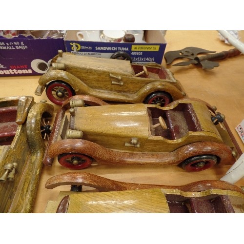 282 - 5 X HAND-MADE WOODEN CARS. VINTAGE STYLE. ALL APPROX 35CM LONG. SOME WHEEL-SPOKE REPAIR NEEDED.