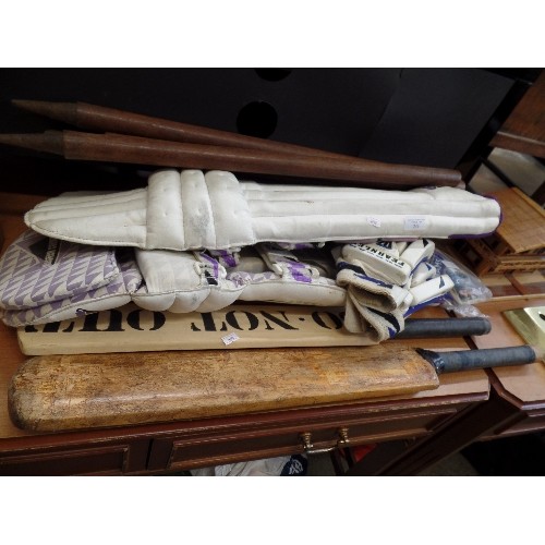 249 - CRICKET BATS AND KNEE PADS, PADDED GLOVES, WICKETS  ETC.