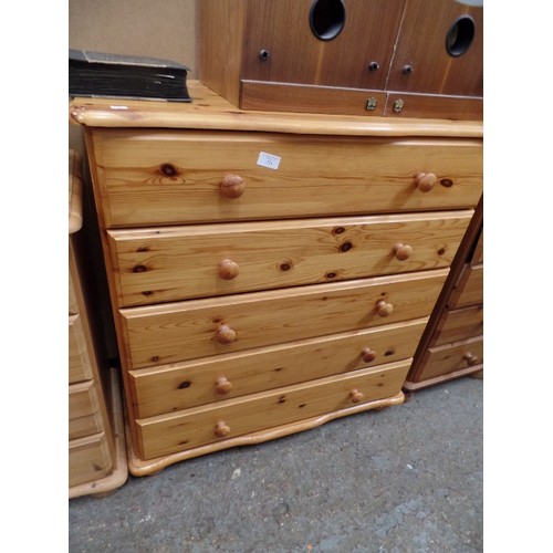 314 - PINE 5 DRAWER CHEST. CURVED TOP AND BASE. 84CM W.