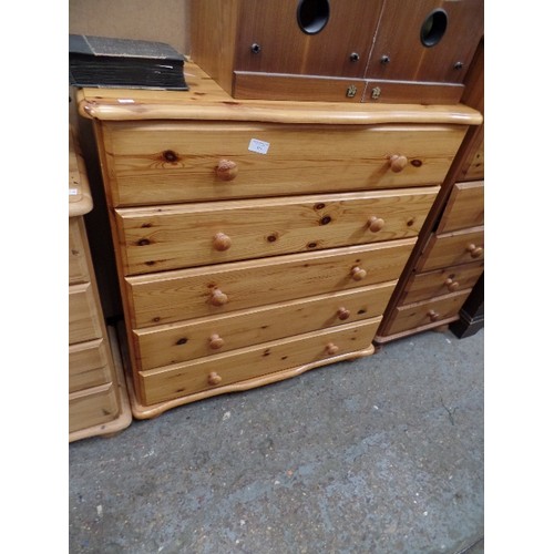 314 - PINE 5 DRAWER CHEST. CURVED TOP AND BASE. 84CM W.