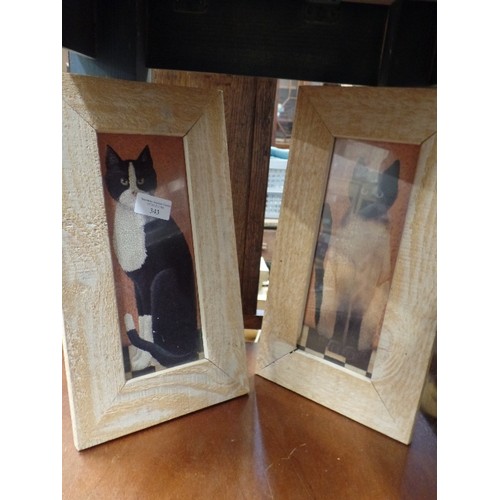 343 - PAIR OF 'CRACKLE-GLAZE' CAT PRINTS IN RUSTIC FRAMES.