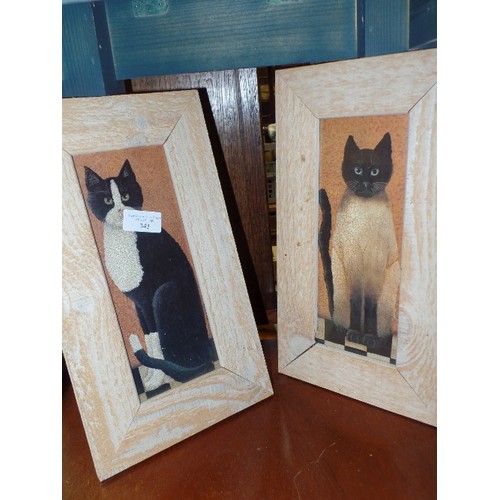 343 - PAIR OF 'CRACKLE-GLAZE' CAT PRINTS IN RUSTIC FRAMES.