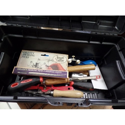 183 - ART PENS, TOOLS, SMALL CHIZELS & FILES ETC, CONTAINED IN A TOOL BOX.