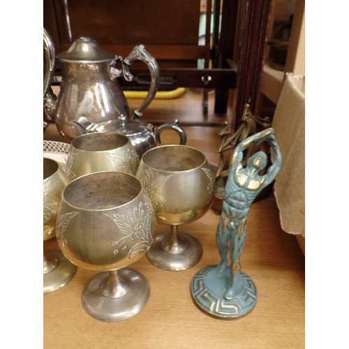 296 - VINTAGE SILVER-PLATED WARE, INC COFFEE AND WATER POTS, TRAY, SUGAR NIPS, GOBLETS, ALSO SOME BRASS GO... 