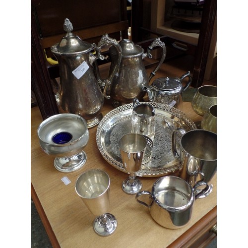 296 - VINTAGE SILVER-PLATED WARE, INC COFFEE AND WATER POTS, TRAY, SUGAR NIPS, GOBLETS, ALSO SOME BRASS GO... 