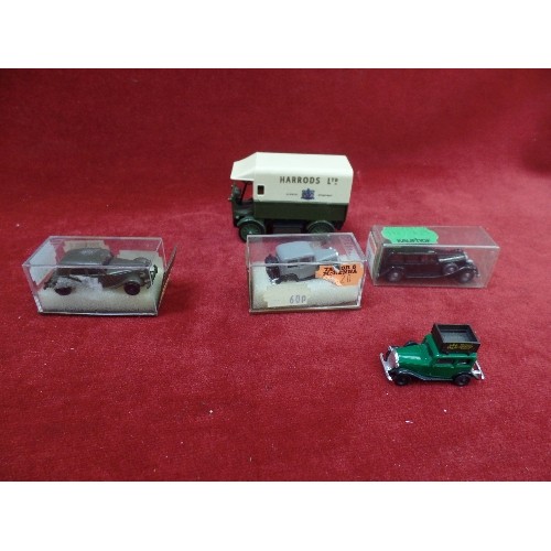 21 - 4 MINIATURE VINTAGE CARS MADE IN GERMANY PLUS A HARRODS VAN BY MATCHBOX