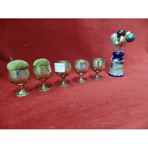 1 - ORIENTAL CERMIC HAT PIN HOLDER AND 5 SILVER PLATE GOBLETS WITH 2 BEING PIN CUSHIONS