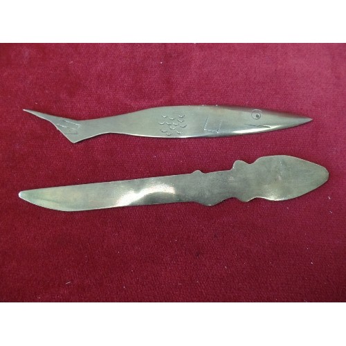 9 - 2 BRASS TRENCH ART LETTER OPENERS -1 IN SHAPE OF SWORDFISH