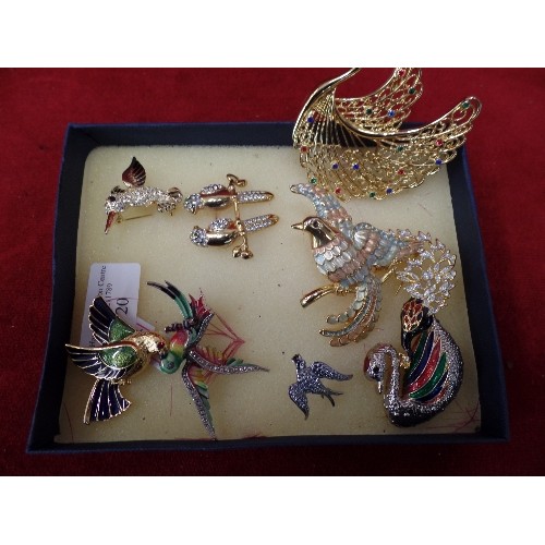 20 - 9 GOLD AND SILVER METAL HIGHLY DECORATED BIRD BROOCHES WITH DIAMANTE, ENAMEL AND GLASS STONES