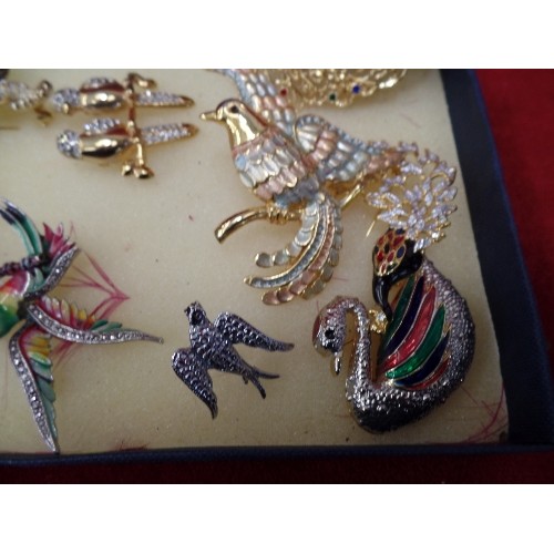 20 - 9 GOLD AND SILVER METAL HIGHLY DECORATED BIRD BROOCHES WITH DIAMANTE, ENAMEL AND GLASS STONES