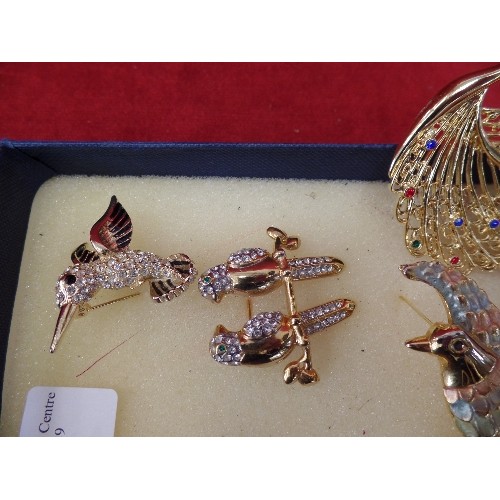 20 - 9 GOLD AND SILVER METAL HIGHLY DECORATED BIRD BROOCHES WITH DIAMANTE, ENAMEL AND GLASS STONES