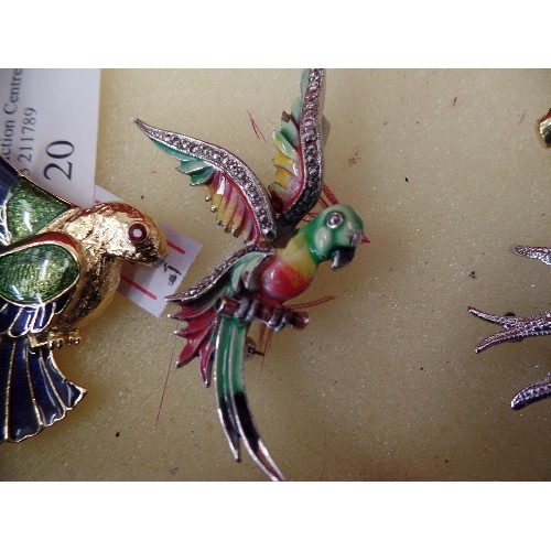 20 - 9 GOLD AND SILVER METAL HIGHLY DECORATED BIRD BROOCHES WITH DIAMANTE, ENAMEL AND GLASS STONES