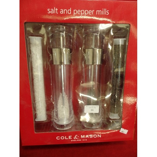 66 - COLE & MASON SALT & PEPPER MILLS, NEW/BOXED  WITH TUBES OF PEPPERCORNS AND ROCK SALT.