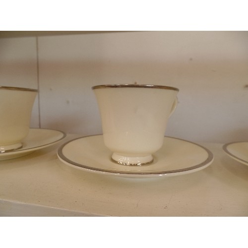 77 - SET OF 6 ROYAL DOULTON TEACUPS/SAUCERS. 'CAROLYN' FROM THE ROMANCE COLLECTION. IVORY/SILVER.