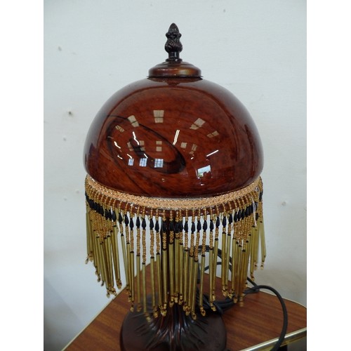 92 - ATTRACTIVE TABLE LAMP. BROWN GLASS SHADE WITH BEADED FRINGE.