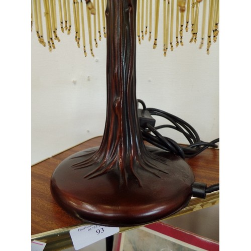 92 - ATTRACTIVE TABLE LAMP. BROWN GLASS SHADE WITH BEADED FRINGE.