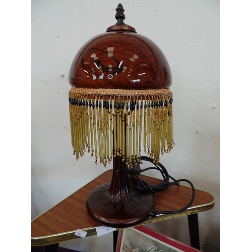 92 - ATTRACTIVE TABLE LAMP. BROWN GLASS SHADE WITH BEADED FRINGE.