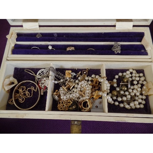 96 - 2 TIER JEWELLERY BOX CONTAINING COSTUME JEWELLERY. PURPLE VELVET LINED.