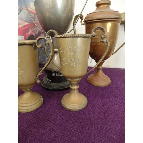 101 - 4 X VINTAGE HOTPOINT PRESENTATION CUPS, FOR TABLE TENNIS, DOMINOES DARTS ETC. IN BRASS COPPER AND PL... 