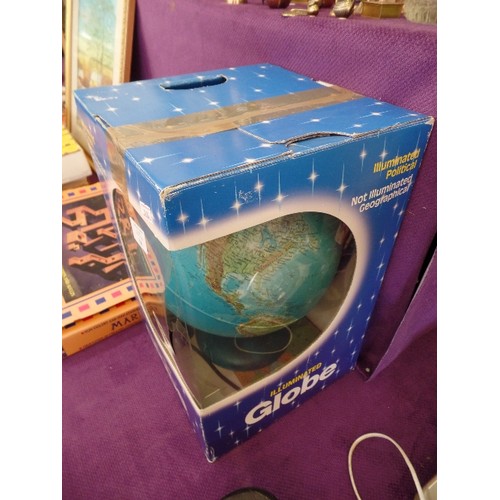 106 - ILLUMINATED GLOBE. BOXED. 'ILLUMINATED POLITICAL-NOT ILLUMINATED GEOGRAPHICAL' BOXED.