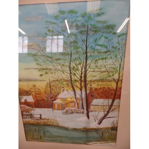 109 - WATERCOLOUR OF 'THE RAYMOND ARMS' IN THE SNOW. BY L.SANDERSON. FRAMED/GLAZED.