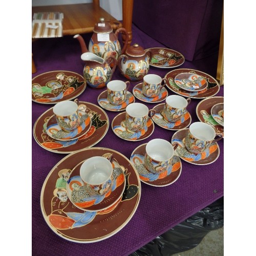 113 - HAND-PAINTED ORIENTAL TEA SET. TEA, MILK, SUGAR, 6 X TEA PLATES, 9 X TINY CUPS 10 X SAUCERS.