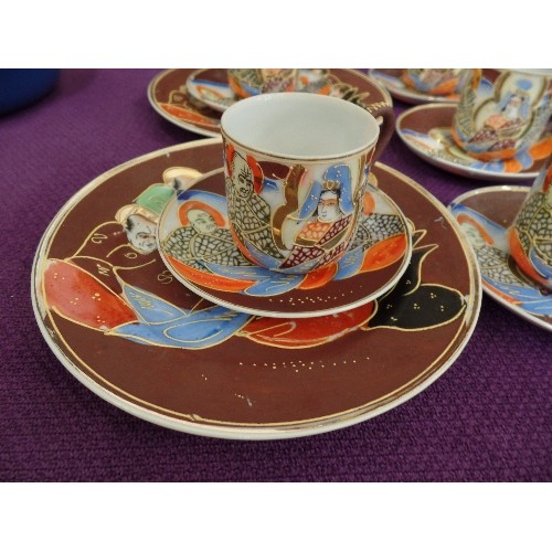 113 - HAND-PAINTED ORIENTAL TEA SET. TEA, MILK, SUGAR, 6 X TEA PLATES, 9 X TINY CUPS 10 X SAUCERS.