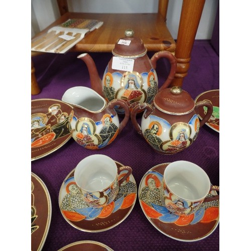 113 - HAND-PAINTED ORIENTAL TEA SET. TEA, MILK, SUGAR, 6 X TEA PLATES, 9 X TINY CUPS 10 X SAUCERS.