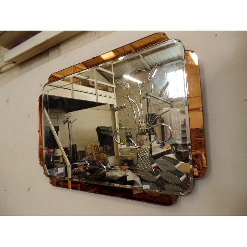 136 - RETRO FRAMELESS WALL MIRROR, WITH ETCHED FLORAL DESIGN, AND COPPERED GLASS EDGE.