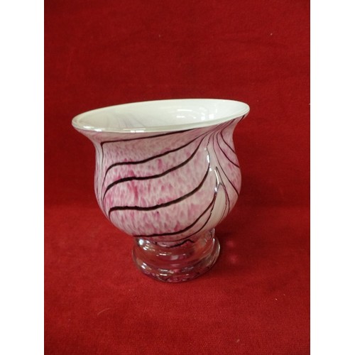 194 - GLASS VASE WITH PINK MARBLING.