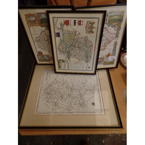 200 - 4 X FRAMED/GLAZED MAP. INC RUTLANDSHIRE, LEICESTERSHIRE, HAMPSHIRE, WARWICKSHIRE.