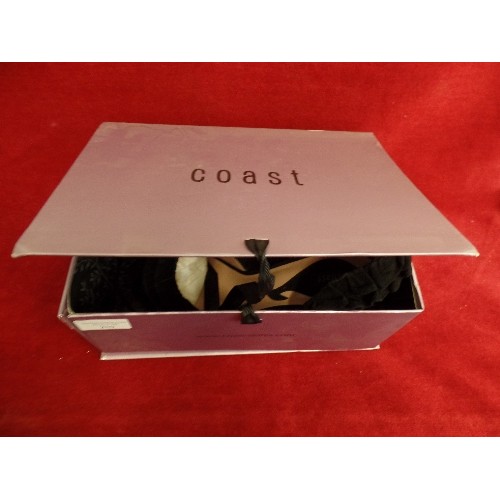 210 - COAST, LADIES BLACK SUEDE SHOES. FRILL DETAIL. SIZE 41/6. APPEAR UNWORN. WITH BOX.