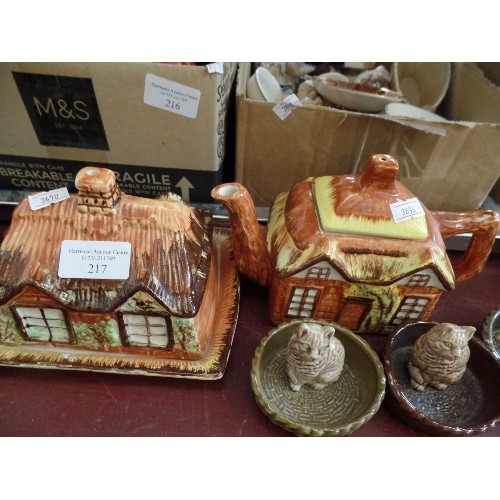 217 - PRICE KENSINGTON COTTAGEWARE TEAPOT AND BUTTER DISH. 2 X HORNSEA POTTERY WOODLAND ANIMAL LONG VASES,... 