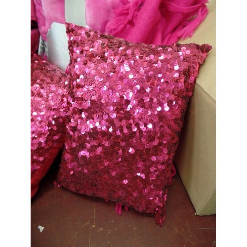 230 - QUANTITY OF NEW/TAGS SATIN & SEQUINNED CUSHIONS,  FUSCHIA PINK, & ALSO BLUSH. ALSO A VELVETY PLUSH T... 