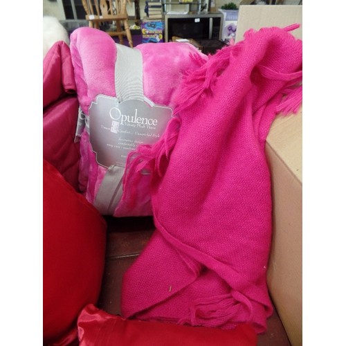 230 - QUANTITY OF NEW/TAGS SATIN & SEQUINNED CUSHIONS,  FUSCHIA PINK, & ALSO BLUSH. ALSO A VELVETY PLUSH T... 