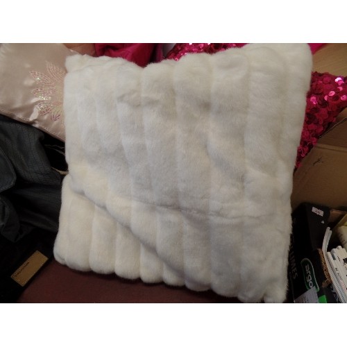 230 - QUANTITY OF NEW/TAGS SATIN & SEQUINNED CUSHIONS,  FUSCHIA PINK, & ALSO BLUSH. ALSO A VELVETY PLUSH T... 