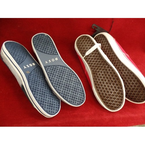 237 - 2 PAIRS OF NEW/TAGS, CANVAS DECK SHOES. ROXY IN NAVY/WHT. ATMOSPHERE IN RED/WHT 42/8.