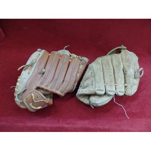 244 - 2 X LEATHER WINNERS CHOICE BASEBALL GLOVES. TWIN FLEX. RAWHIDE LACING.