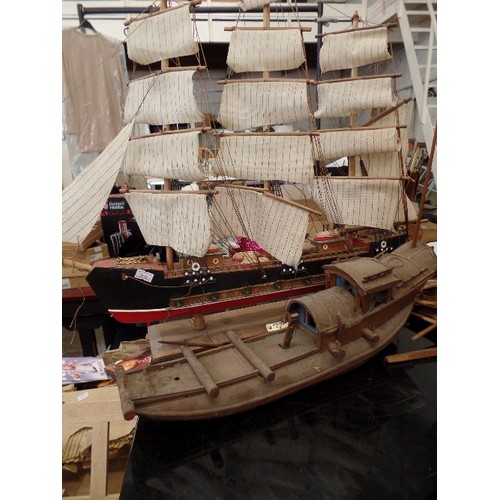 238 - A VINTAGE HAND-MADE WOODEN PIRATE SHIP/GALLEON, A SAILING SHIP AND A SMALLER SHIP. ON STANDS. ALSO A... 