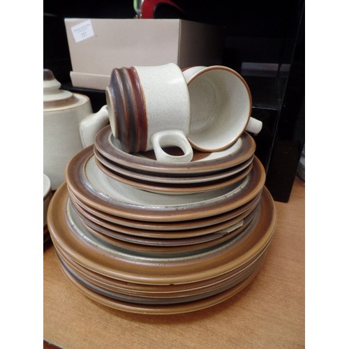 258 - DENBY 'POTTERS WHEEL' POTTERY. LARGE TEAPOT, DINNER PLATES X 5, SIDE PLATES X 5, 2 X CUPS/SAUCERS. 6... 