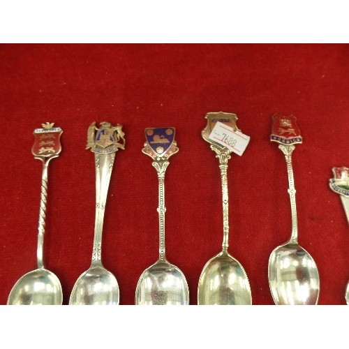 255 - COLLECTION OF 10 SOUVENIR SPOONS. INC GUERNSEY, OXFORD, STRATFORD.