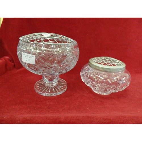 270 - 5 CARNIVALWARE DISHES. LARGE LEAD CRYSTAL ROSE BOWL, 2 SMALLER ROSE BOWLS,  GLASS PAPERWEIGHT.