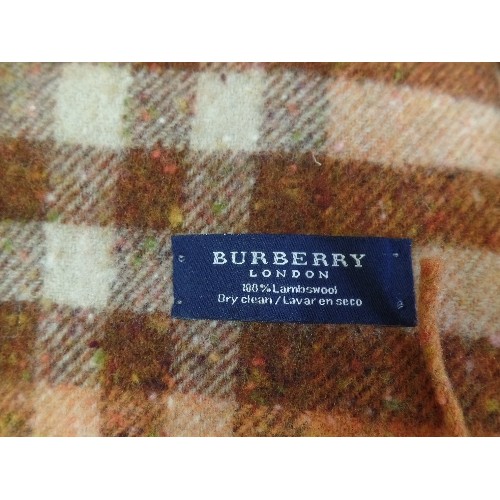 276 - 2 X BURBERRY WOOL SCARVES. AN AUTUMNAL ORANGE, BROWN, GREEN CHECK, AND A PURPLE, BURGUNDY CHECK.