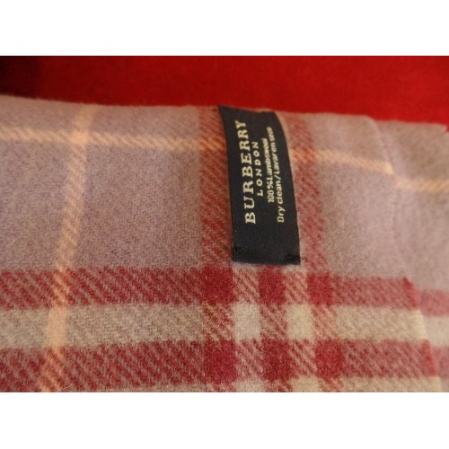 276 - 2 X BURBERRY WOOL SCARVES. AN AUTUMNAL ORANGE, BROWN, GREEN CHECK, AND A PURPLE, BURGUNDY CHECK.