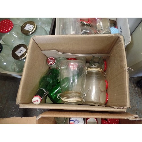 392 - LARGE QUANTITY OF KILNER JARS, GLASS BOTTLES WITH CLIP LIDS, JARS AND JAM JARS