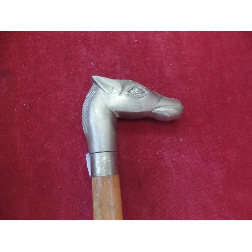 98 - WALKING CANE WITH HEAVY BRASS HORSES HEAD HANDLE (damaged stick)